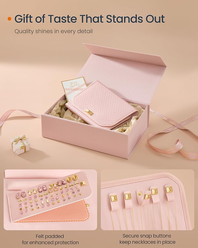 SONGMICS HOME Travel Jewelry Case, Foldable Jewelry Organizer with Mirror, Sectioned Storage, Large Capacity, Woven Embossed PU Leather, Gift Idea, Jelly Pink UJBC196R01 - Image 6