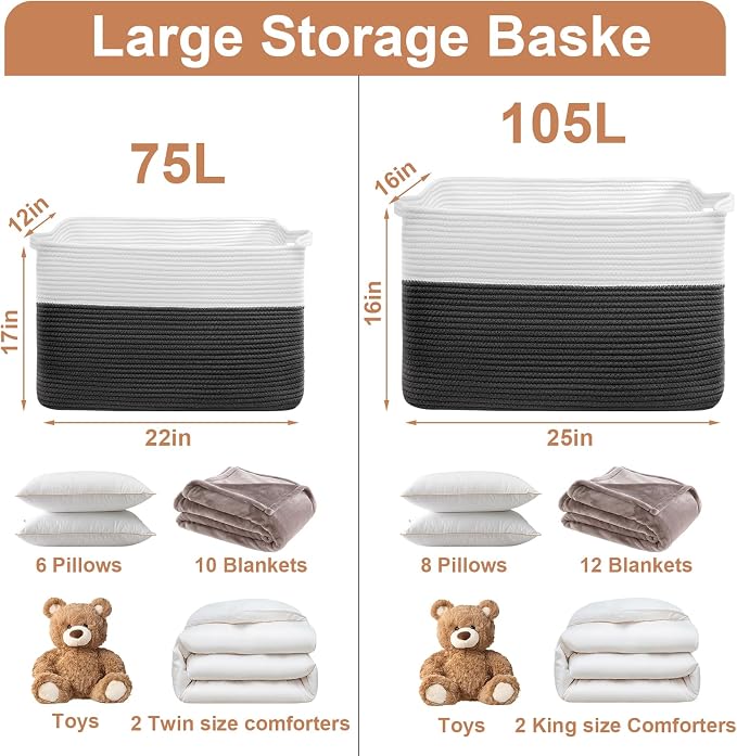 105L XXXL Large Blanket Basket, Rectangular Cotton Rope Basket, Laundry Hamper for Blankets, Pillows, Extra Large Toys Storage Bins for Kids, Dogs 25" x 16" x 16", White & Black - Image 2