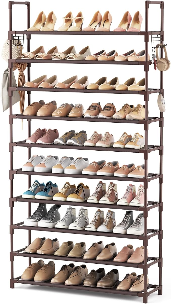 VTRIN 10 Tiers Shoe Rack Tall Large Capacity Wide Shoe Organizer Sturdy Shoe Shelf for Entryway with Two Hooks Metal Shoe Storage for Closet, Bedroom, Brown by VTRIN