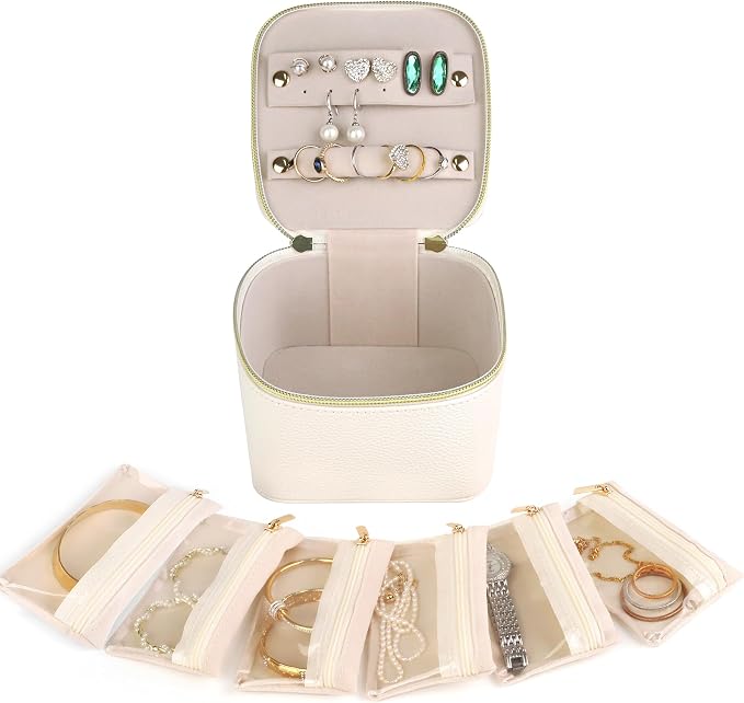 HofferRuffer Jewelry Box Organizer for Women Girls, Travel Jewelry Case with 6 Portable Zipper Bags, Jewelry Storage Ideal for Travel & Home Organization (6pcs-CreamWhite Faux Leather) - Image 4