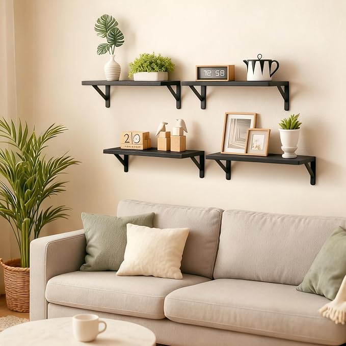 Fixwal Floating Shelves for Wall, Wood Wall Mounted Shelves for Bedroom, Bathroom, Living Room, Kitchen Storage and Decor(Black, Set of 4, 16.5 Inch) - Image 2