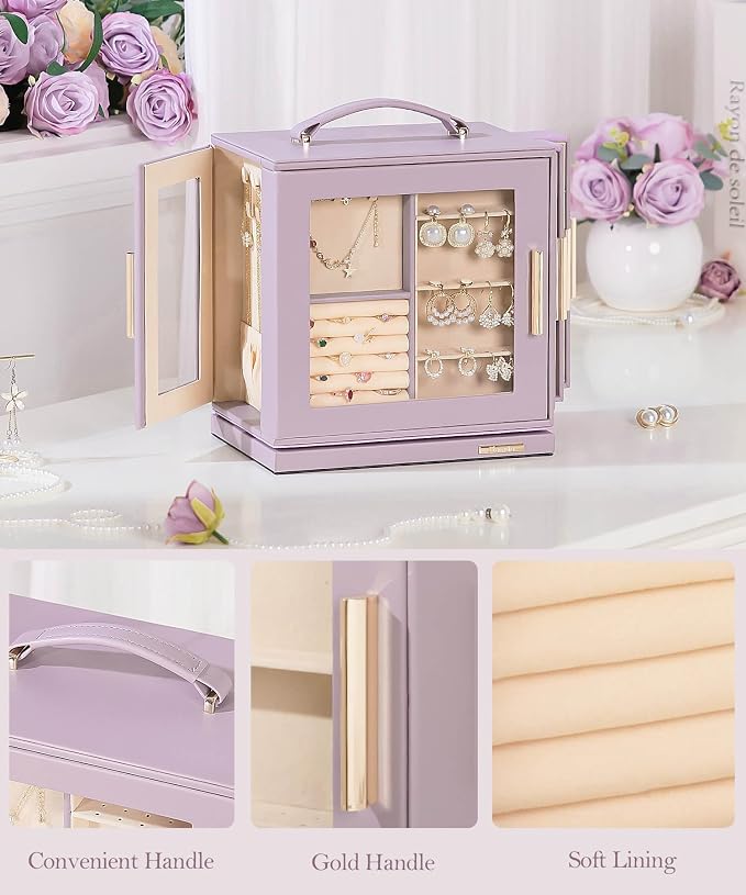 Homde Jewelry Box 360° Rotating, Necklace Earring Organizer with Transparent Window, Mirror, 7 Drawers, Large Ring Display Storage Case for Girls Women (Grey Purple) - Image 5