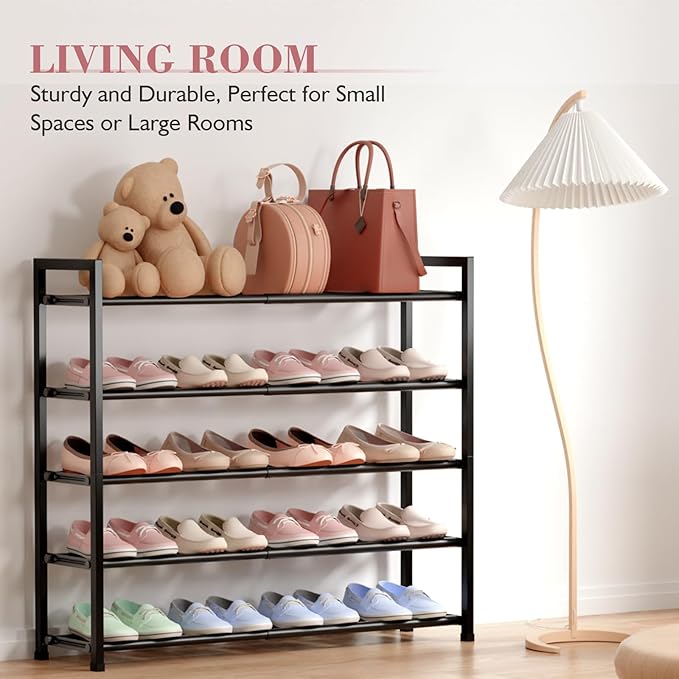 Bumusty 5-Tier Expandable Shoe Rack for Closet, 18“-33” Adjustable Shoe Rack for Small Space, Small Shoe Organizer for Front Door, Sturdy Metal (Black) - Image 4