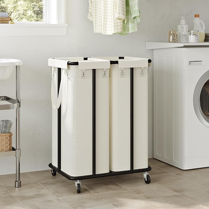 WOWLIVE Double Laundry Hamper with Wheels 170L Rolling Laundry Basket Organizer Laundry Cart with Steel Frame and Removable Bags Large Dirty Clothes Hamper Dorm Room Storage for Bedroom (Beige) - Image 2