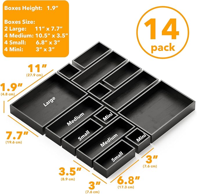 SpaceAid 14-Piece Bamboo Drawer Organizer Storage Boxes Set, Wood Tray Junk Drawer Organizers Multi-Use Divider Bins for Kitchen, Bathroom, Office Desk and Makeup Organization (14 Pack, Black) - Image 3