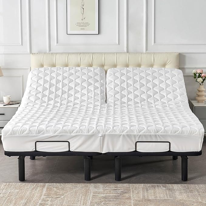 Quilted Waterproof Split Top California King Mattress Protector Pad for Adjustable Bed with Upper Flex Padded Topper Noiseless Fitted Matress Cover 32-34 Split from Head Cal King White