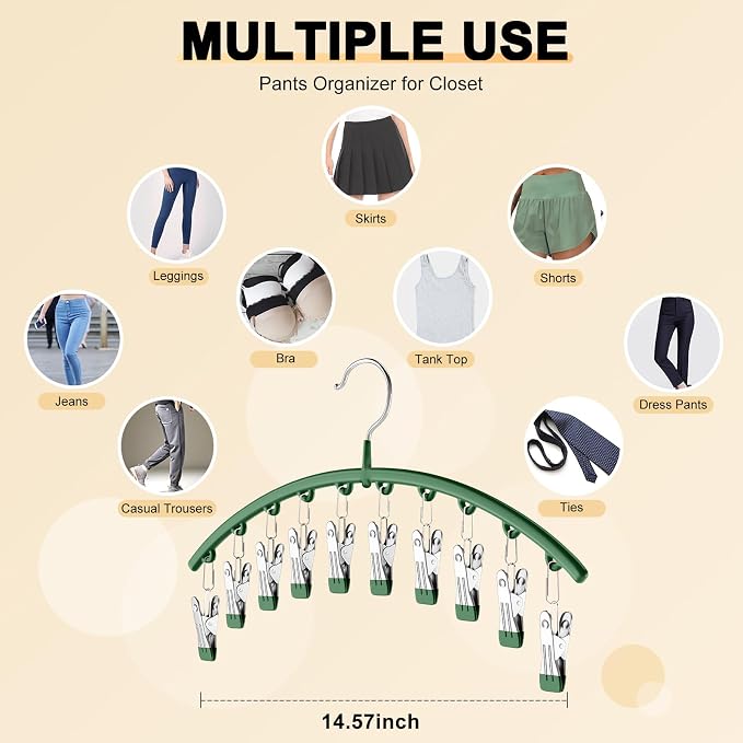 Legging Organizer for Closet, Metal Yoga Pants Hangers 4 Pack w/10 Clips Holds 40 Leggings, Space Saving Hanging Closet Organizer w/Rubber Coated Closet Organizers and Storage, Green - Image 5