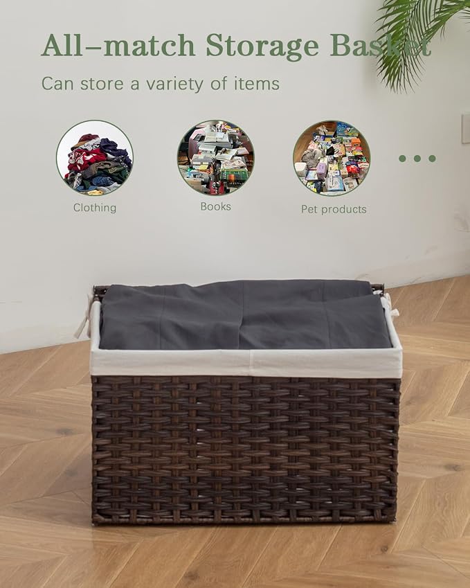SETVSON Storage Basket with Lid Rattan Woven Storage Baskets with 2 Separate Lids, 17.2 Gallon (65 L), 22 x 13 x 13.8 Inches,Foldable, 2 Removable Liner Bags Handles for Bedroom, Laundry Room Brown - Image 5