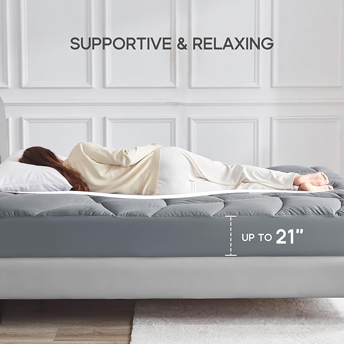 Sonive Queen Mattress Protector, Mattress Topper up to 21 Inches Deep Pocket Pad with 5-Zone Ergonomic Design, Soft Mattress Pad Microfiber Breathable Mattress Cover Machine Washable Grey