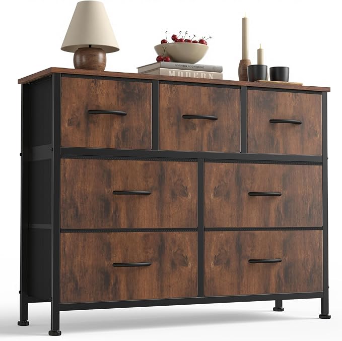 Sweetcrispy 7 Drawer Dresser with Fabric Bins Fabric Storage Tower Organizer for Bedroom Closet Hallway Entryway Tall Chest of Drawers with Steel Frame Wood Top Easy Pull Handles,Rustic Brown by Sweetcrispy