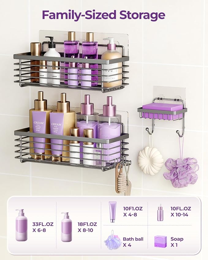 ODesign Shower Caddy 3 Pack SUS304 Stainless Steel-No Drilling-Shower Bathroom Shelves Rack,Rustproof Wall Mounted,Adhesive Shower Shelf Basket Organizer-Grey - Image 5