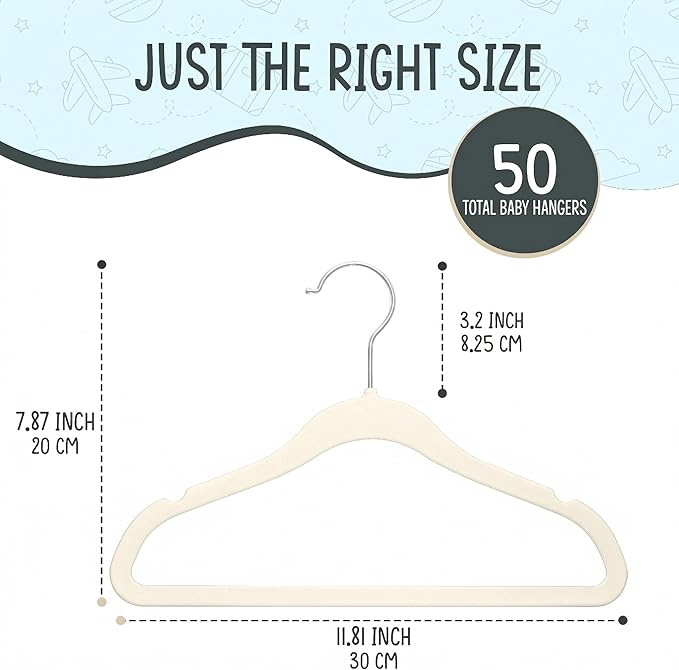 TechZoo 50 Premium Baby Velvet Hangers - 11.8" Non-Slip, Ultra-Slim Space-Saving Children Closet Hangers - 360° Swivel Hook, Strong & Durable Infant & Toddler Clothes Hangers for Wardrobe - Ivory - Image 2