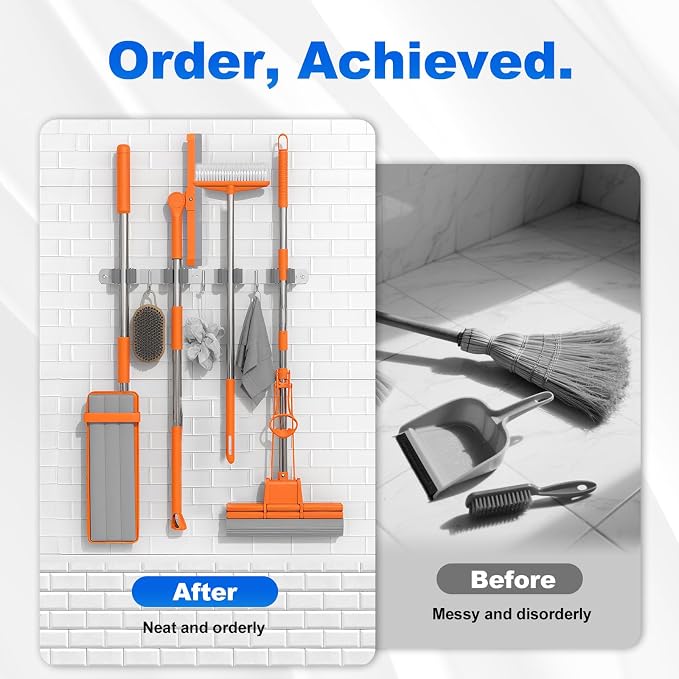 2 Pack Broom Mop Holder Wall Mount, Broom Organizer Mop Hanger Storage Tool Utility Racks Stainless Steel Mop Holder Solid for Home Kitchen Garden Laundry Garage (2, 4 Racks 3 Hooks) - Image 6