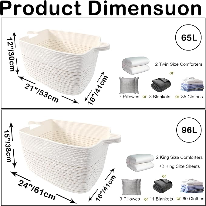 96L Large Blanket Basket,24"x16"x15"Rectangle Storage Bin with Handles,Woven Rope Laundry Basket for Toys, Clothes,Magazines,Home Organization,Nursery,Living Room & Bedroom,White&Yellow - Image 2