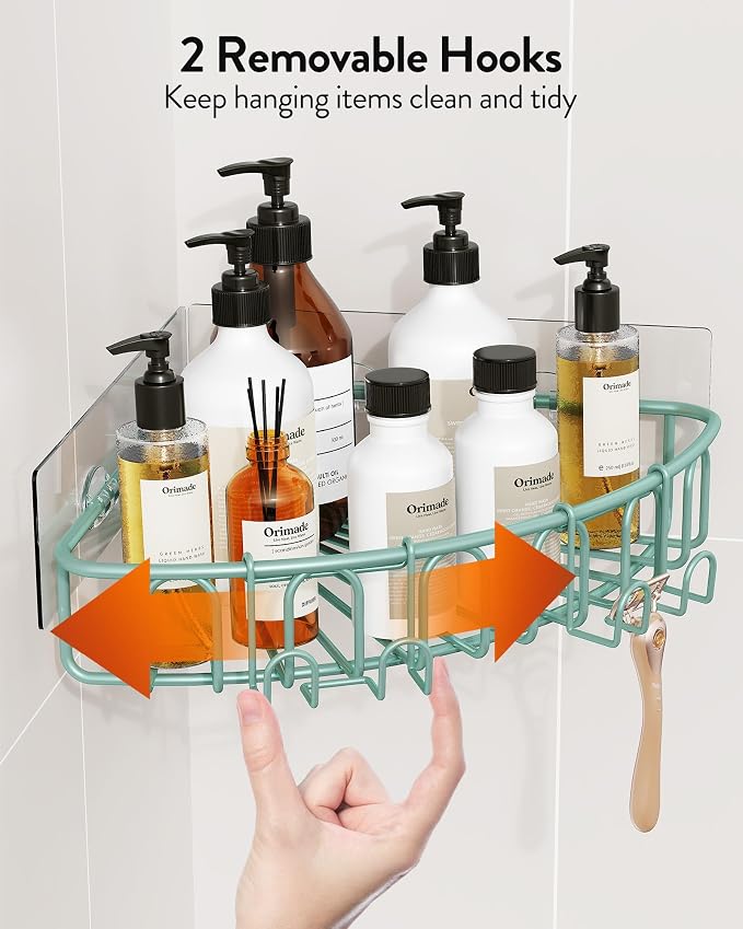 Orimade Corner Shower Caddy with 2 Hooks Wall Mounted Metal Bathroom Shelf Storage Organizer Adhesive No Drilling 2 Pack, Blue Only for 90-Degree Corner - Image 5