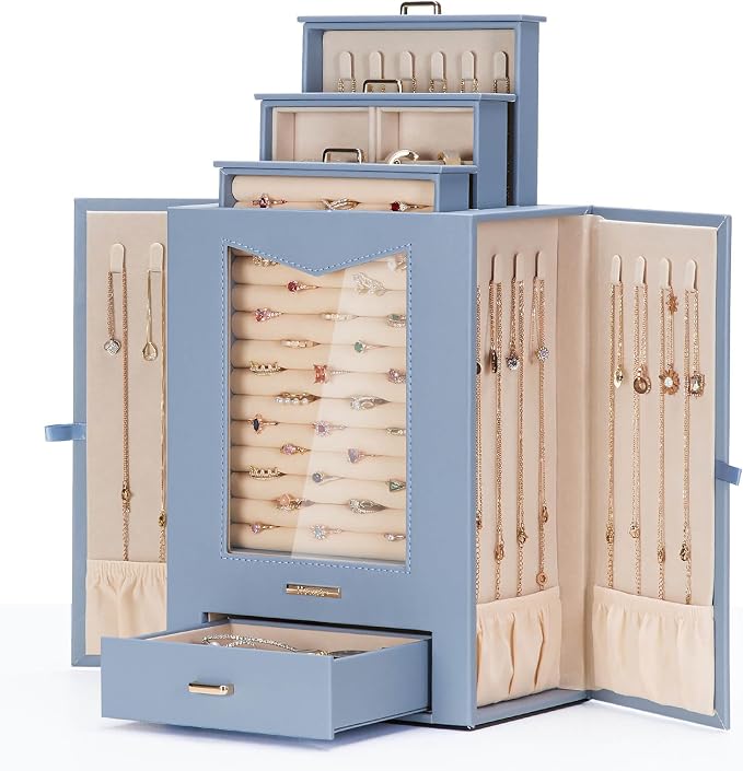 Homde Jewelry Organizer with Transparent Window Necklace Hooks Gift for Women Jewelry Box Display Case for Necklaces Rings Earrings Bracelets and Other Accessories (Grey Blue) by Homde
