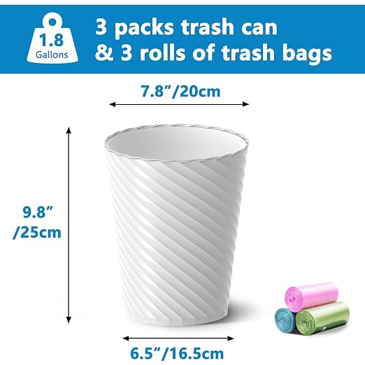 Lysam Bathroom Trash Can, 8 Pack 1.8 Gallons Small Trash Can with Trash Bags, Bathroom Garbage Can, Plastic Trash Bin, Round Waste Basket for Bedroom, Office, Kitchen, Room, Compact Space (White) - Image 3