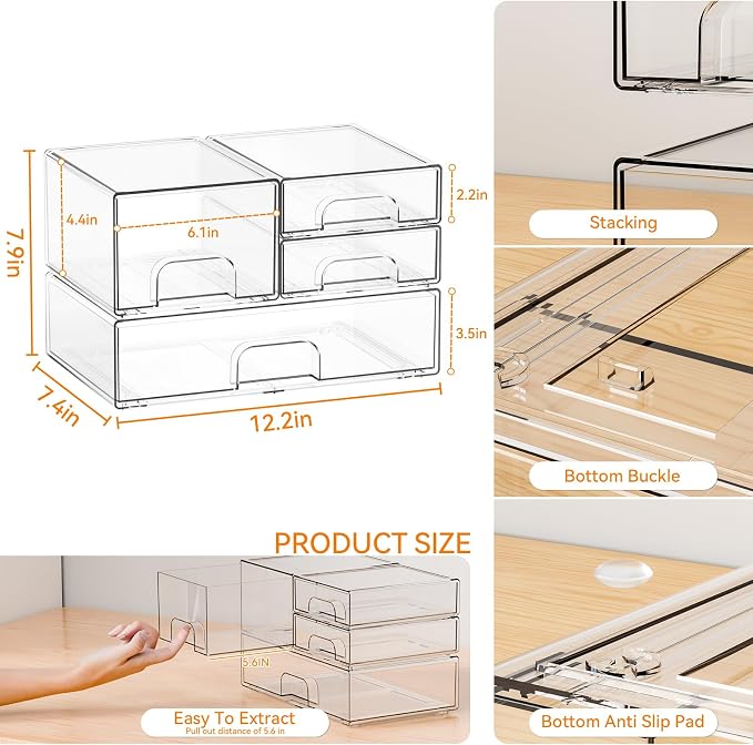 Yieach 4 Pack Clear Stackable Storage Drawers,Pull-Out Medicine Cabinet Organizer and Containers,Large Acrylic Organizers Drawers and Bathroom Closet Organizers for Hair Accessories,Makeup Organizer - Image 3