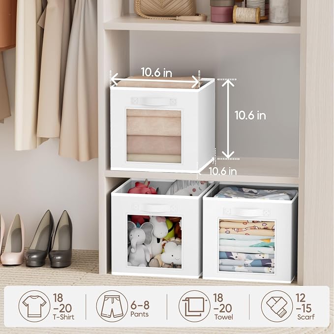 Homsorout Storage Cube 11 Inch - Cube Storage Bins with Window, Closet Storage Baskets with Handle, Fabric Bins for Closet, Shelves, Toys, Clothes, Set of 8, White - Image 4