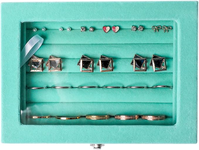 Frebeauty Rings/Earring Organizer Tray with Clear Lid,7 Slots Ring Box Velvet Ring Holder Drawer Insert Jewelry Storage Box Jewelry Display Case Jewelry Box Gift for Women and Girls(Turquoise,7 Slots) - Image 5