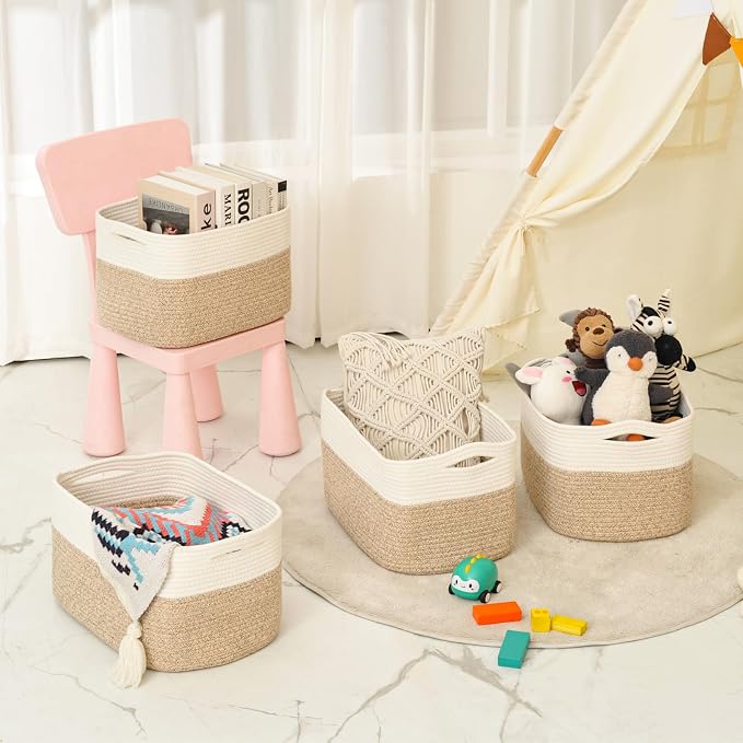ICERZCZ Storage Baskets for Organizing & Shelves, Woven Cotton Rope Organization Bins for Dog Toys, Clothes, Books, Nursery Organizer, 15" Lx11''Wx9.5''H, (4 Packs) Off White & Brown - Image 8