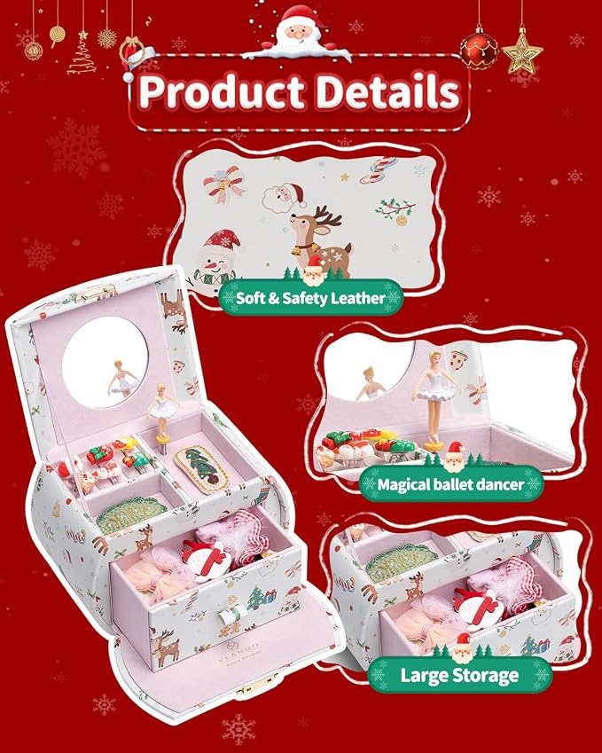 Vlando Kids Musical Jewelry Box for Girls with Drawer, Music Box with Ballerina and Stickers for Birthday Bedroom Decor, Christmas Gifts for Girls Kids - Christmas White - Image 3