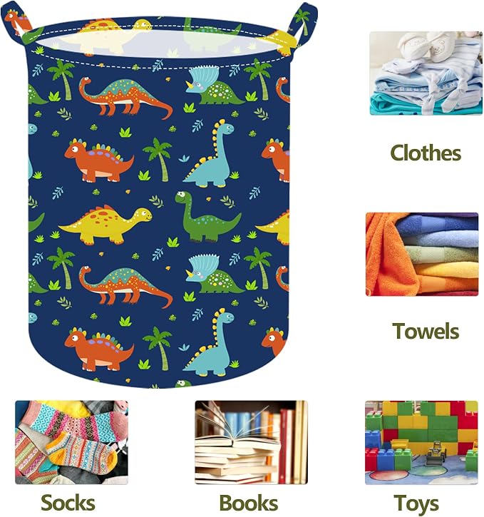 Collapsible Kids Laundry Basket Clothes Hamper, Foldable Storage Organizer Bin, Toy Clothes Storage with Handles for Boys Girls Bedroom, Room Decor Dinosaur - Image 2