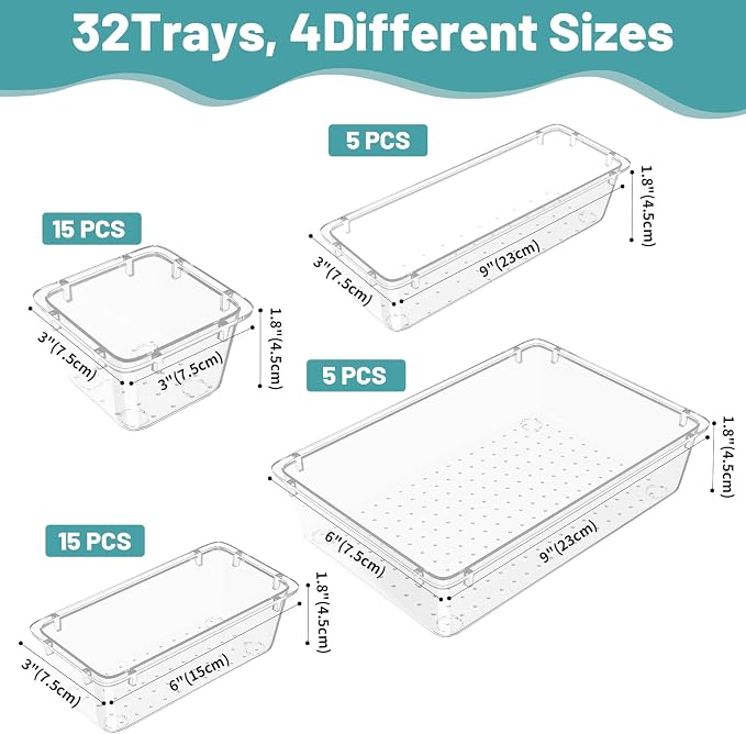 WOWBOX 40 PCS Clear Plastic Drawer Organizer Set, 4 Sizes Desk Drawer Organization and Storage Containers for Makeup, Cosmetics, Jewelry and Gadgets in Kitchen, Bathroom, Bedroom, Office, Clear - Image 3