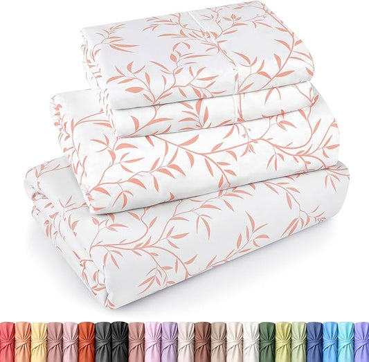 Utopia Bedding Queen Sheet Set, Soft Microfiber 4 Piece Bed Sheets with 15" Deep Pocket - Easy Care Brushed Microfiber (Vines - Coral)