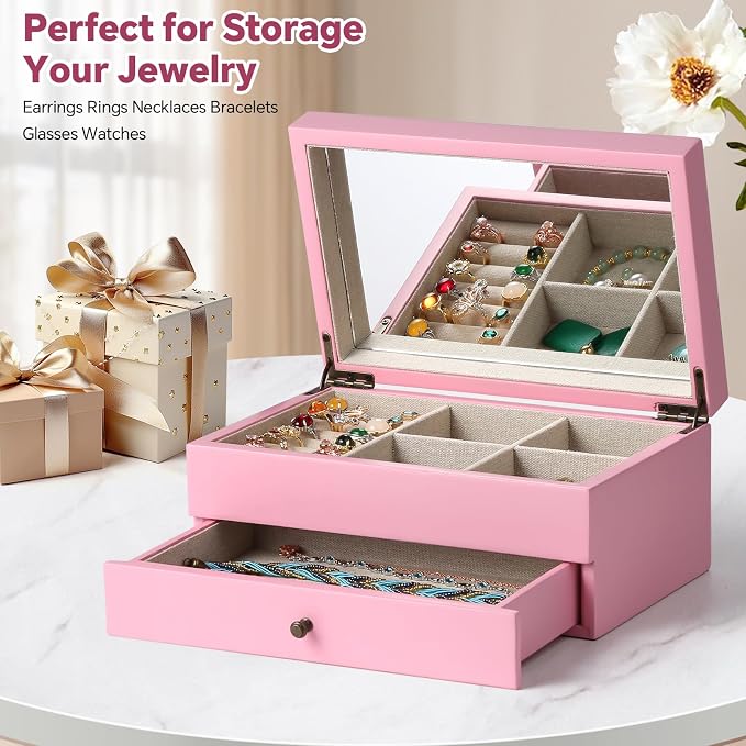 Meangood Jewelry Box Organizer for Women, 2 Layer Large Jewelry Storage Case, Rustic Wooden Jewelry Box with Mirror & Ring Tray for Necklace Earring Bracelets Rings, Vintage Style (Pink) - Image 2