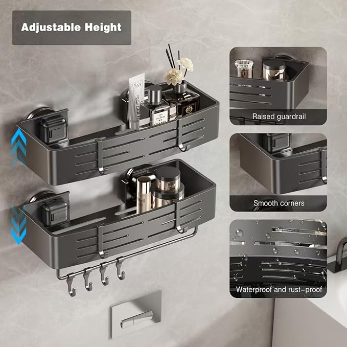 Voldra Shower Caddy Suction Cup, 3 Pack Shower Shelves for Inside Shower No Drilling, Aluminum Suction Showers Organizer with Towel Bar & Hooks Removable Bathroom Shelf Storage Rack(Gray) - Image 3