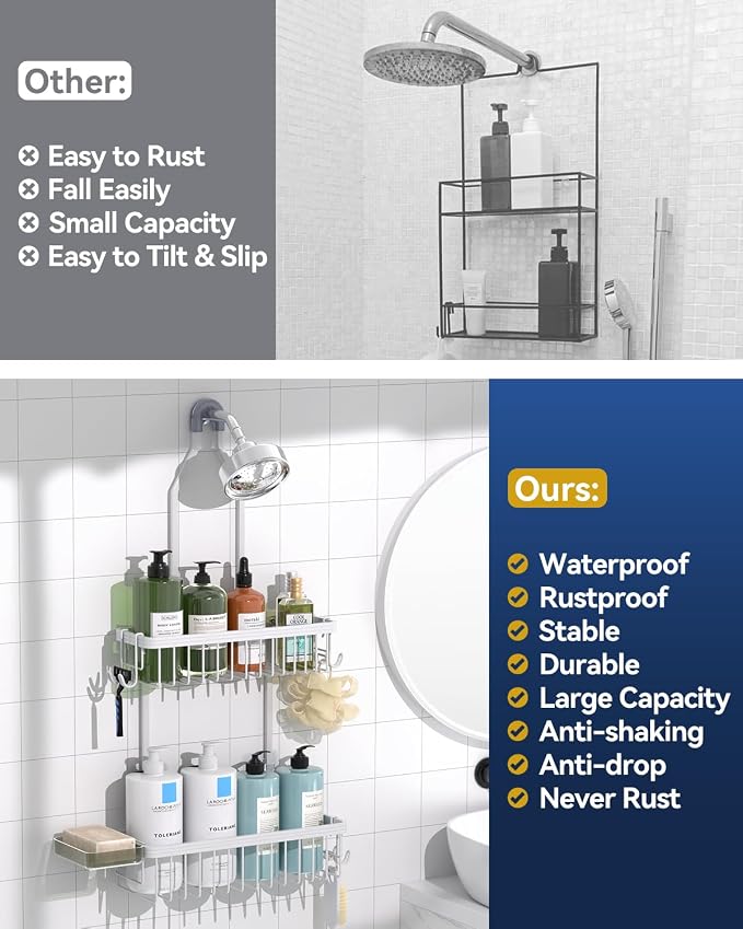 YASONIC Shower Caddy Hanging, Never Rust Shower Organizer Hanging, Aluminum Shower Racks for Inside Shower with Hooks for Razor, Bathroom Organizers and Storage with Soap Holder, White - Image 9