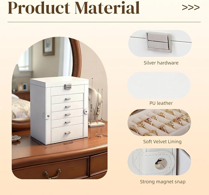 BOOVO Jewelry Box For women, 6 Layer Large Jewelry Organizer With Mirror, Multi-Function Storage Box With Lock, Necklace Holder With 5 Drawers, For Earrings Necklace Bracelet (Silver and White) - Image 2