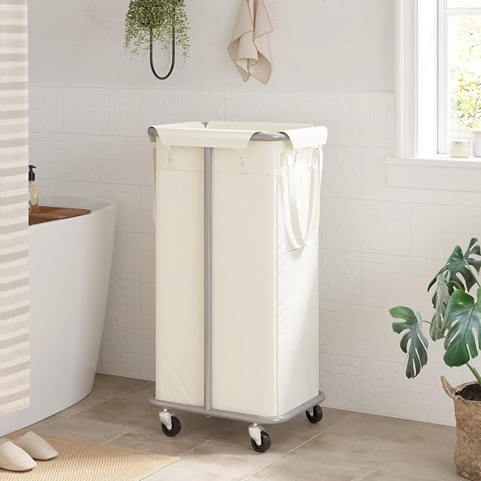 WOWLIVE 100L Rolling Laundry Hamper with Wheels Large Basket Organizer Laundry Cart with Steel Frame and Removable Bag Foldable Tall Dirty Clothes Hamper Dorm Room Storage for Bedroom (Light Beige) - Image 3