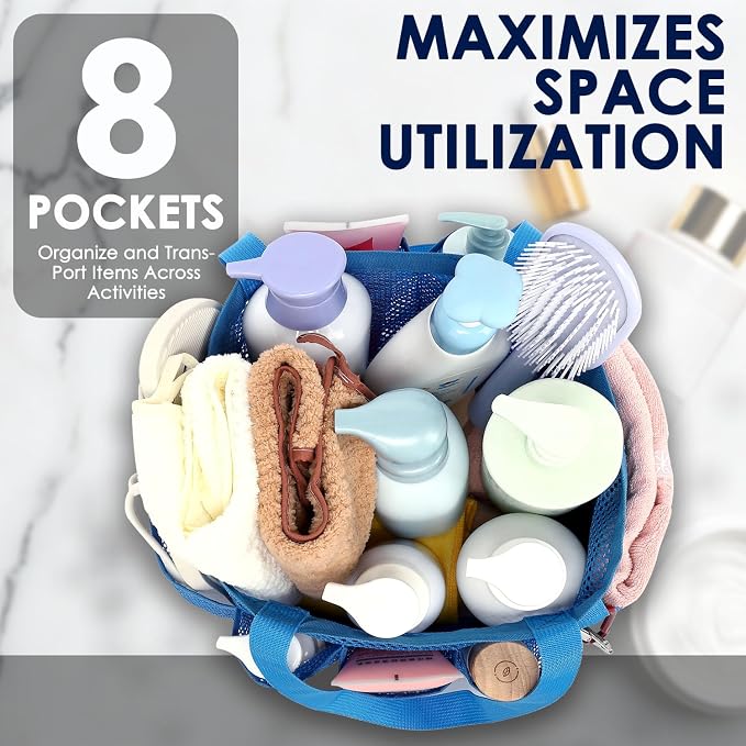 GYEUKHAM Large Mesh Shower Caddy Portable with 8-Pocket for College Dorm Room Essentials,Quick-Dry Handing Shower Basket Tote Bag for Toiletry, Bathroom,Beach,Camp,Gym,Blue - Image 3