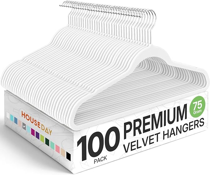 HOUSE DAY Premium Velvet Hangers 100 Pack White, Non-Slip Flocked Felt Hangers, Sturdy Clothes Hanger with 360° Rotatable Hook, Heavy Duty Durable Slim Coat Hanger for Closet Space Saving by HOUSEDAY