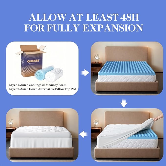 OhGeni Cooling 5 Inch Twin Size Dual Layer Mattress Topper, 3 Inch Egg Crate Gel Memory Foam, 2 Inch Soft Pillow Top Pad, Bedroom Cover for Kid Mattresses, Extra Comfortable Sleep and Back Pain Relief