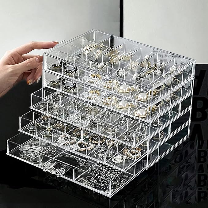YUFONG Jewelry Boxes Earring Storage Box Organizer 5 Drawers Jewelry Organizer Acrylic Jewelry Storage Box Holder Compartment Transparent Display Storage Case Gift for Women Girls (102 Girds) by YUFONG