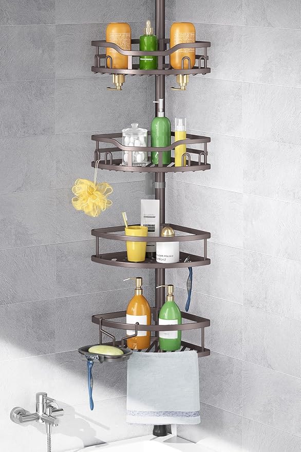 HAMITOR Corner Shower Caddy Tension Pole: Rustproof Stable 4-Tier Bathroom Organizer Shelves for Bathtub Shampoo Storage - 47-121 Inch Quick Install Adjustable Standing Rack with Soap Rack - Bronze by HAMITOR