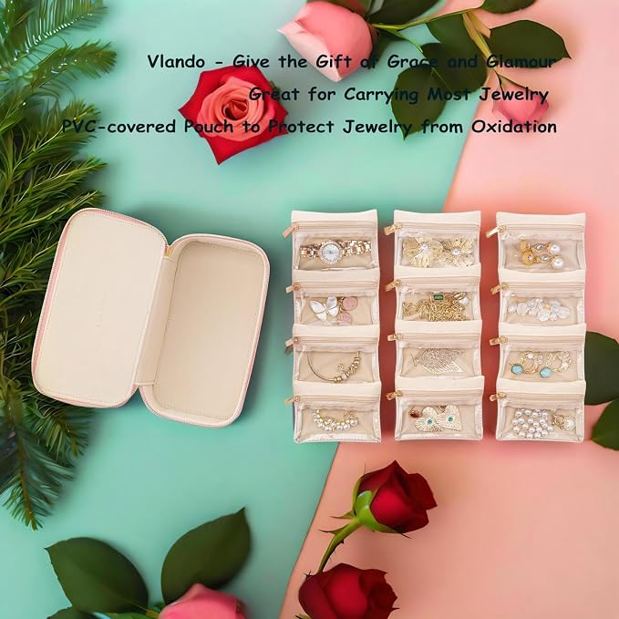 VLANDO Travel Jewelry Box Organizer – Portable PU Leather Jewelry Case with 6/8/12 Zippered Pouches, Compact Storage for Earrings Rings Necklaces Bracelets, Rosy Mauve - Image 5