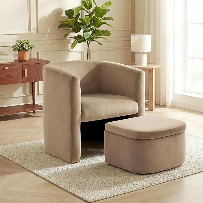 COLAMY Upholstered Velvet Barrel Accent Chair with Storage Ottoman, Morden Living Room Chair with Lounge Seat for Bedroom/Reading Spaces, Khaki