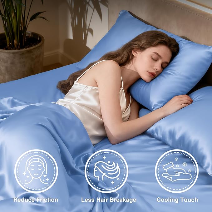 Love's cabin Twin XL Satin Sheet Sets - 3 Piece Sky Blue Silky Bed Sheets with Deep Pockets, Luxury Silk Feel Satin Sheet Set Twin XL (1 Flat Sheet,1 Fitted Sheet,1 Pillow case)