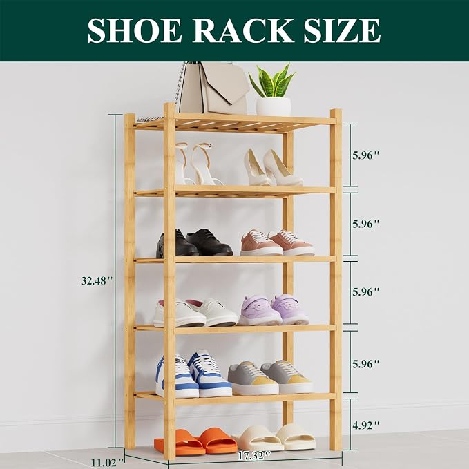 Smiry Shoe Rack, 5 Tier Thick Small Bamboo Shoe Organizer, Stackable Free Standing Wooden Shoe Storage Shelf for Closet, Entryway, Front Door Entrance, Natural - Image 2