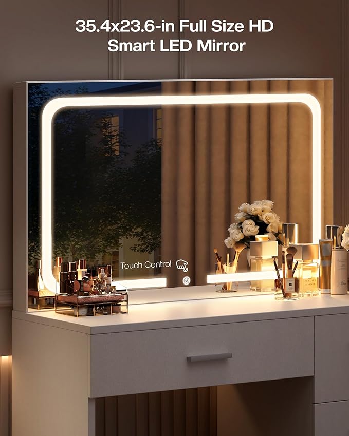LIVELYGLOW Makeup Vanity Desk with Charging Station & LED Mirror – 35.4" Vanity Set with 4 Drawers, 3 Lighting Modes – Modern Bedroom Furniture (15.7" D x 35.4" W x 53.9" H), White