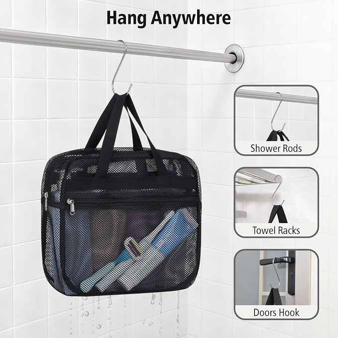 F-color Mesh Shower Caddy Portable with Zipper -Dorm Room Essentials for Guys Girls with S Hook, Shower Bag Basket Tote for College Camping Toiletry Bathroom, Black - Image 7