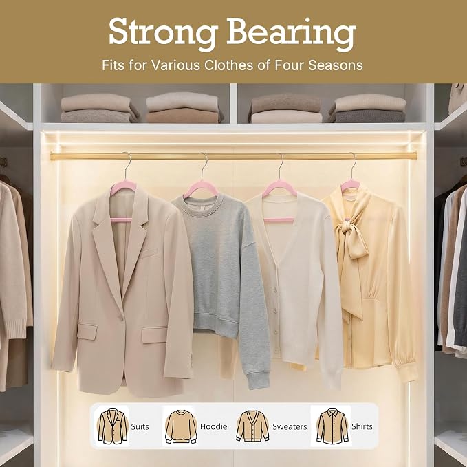 HOUSE DAY Lt Pink Velvet Hangers 60 Pack, Non Slip Clothes Felt Hanger Heavy Duty for Coat, Premium Slim Space Saving Suit Hangers for Closet Organizer, 360° Rotating Silver Hook - Image 8