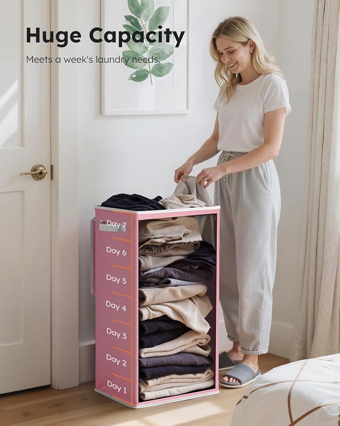 SOLEDI Laundry Hamper with Lid 100L Large & Tall Collapsible Laundry Basket, Clothes Hamper with Bag Removable Easy to Carry, Dirty Hampers for Bedroom, Bathroom, Dorm, College, Pink - Image 4