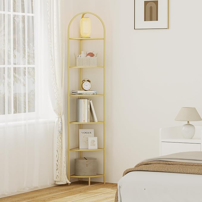 Homhedy 6-Tier Corner Shelf Stand, Metal Corner Bookshelf, Tempered Glass Shelves, Bathroom Storage Rack Shelf, Plant Stand, Modern Style, Golden - Image 7