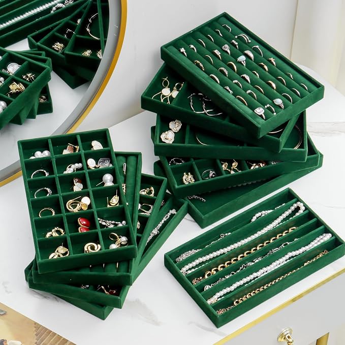 SPAKOWN Jewelry Drawer Organizer Inserts Set of 9, Jewelry Trays for Drawers Velvet Jewelry Organizer Tray Drawer Jewelry Organizers and Storage for Earring Ring Necklace Watch Bracelet (Green) - Image 4