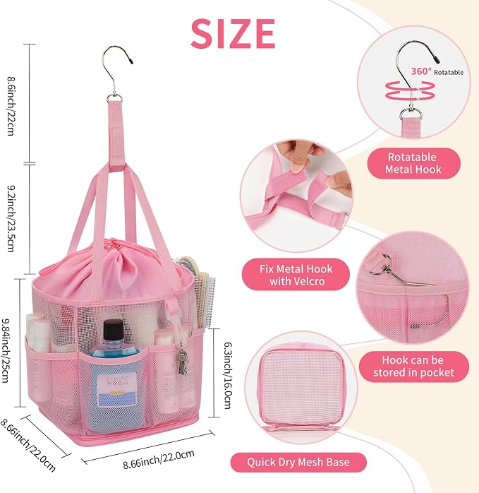 Shower Caddy Portable for College Dorm Room Essentials, Hanging Shower Caddy with Hook and Drawstring, Quick Dry Mesh Shower Bag with 6 Pockets for Bathroom, Swimming, Gym, Camping, Beach, Travel - Image 5